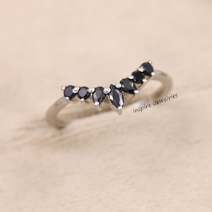 Chevron Wedding Band Black Diamond, Marquise Wedding Band, Stacking Ring, Half Eternity Curved Wedding Band, Ring Enhancer, U Shape Band