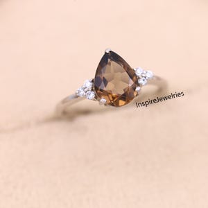 Vintage Smoky Quartz Engagement Ring,Pear Shape Brown Quartz Ring,14K Solid Gold Ring,Unique Women CZ Diamond Promise Ring For Her,Handmade