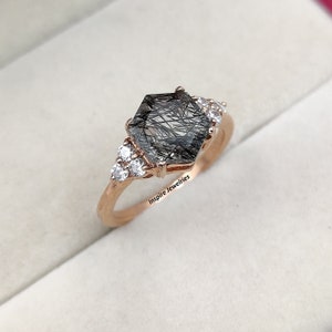 Natural Black Rutilated Quartz Ring, Salt And Pepper Ring, Hexagon Cut Black Quartz Ring, Wedding, Anniversary Ring, Gift For Her, Mother&#39;s