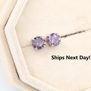 Può includere: Un paio di orecchini a bottone rotondi con pietre preziose viola chiaro. Gli orecchini sono incastonati in metallo argentato. Sono esposti in un portagioie beige. Il testo "InspireJewelries" è in alto a destra.