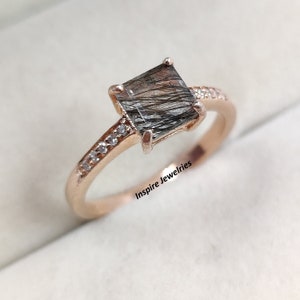 Natural Black Rutilated Quartz Square Cut Ring, Salt and Pepper Diamond Ring, Square Cut Ring, Black Ring, Tourmalinated Quartz Ring, Gift
