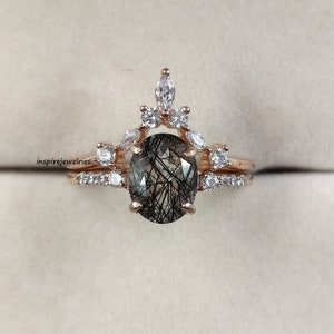 Black Rutilated Quartz Ring: Oval Cut Sterling Silver Anniversary Ring