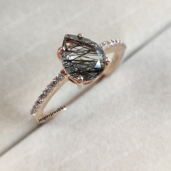 Natural Black Rutilated Quartz Ring, Salt And Pepper Diamond Ring, Pear Cut Ring, Black Quartz Ring, Tourmalinated Quartz Ring, Gift For Her