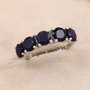 Galaxy Star Blue Sandstone Half Eternity Band For Women, 14k Gold Blue Sandstone Wedding Band, Half Eternity Band Art Deco Engagement Band