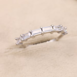 Half Eternity Baguette Cut Wedding Band for Women, 14K Gold Unique Baguette Cut Diamond Wedding Band, Vintage Stacking Ring, Promise Gift