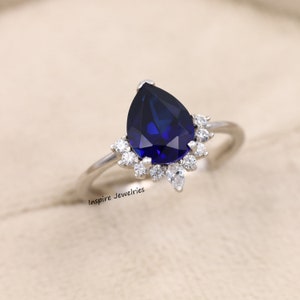 14K Gold Sapphire Pear Cut Engagement Ring, Half Halo Statement Sapphire Ring, Teardrop Anniversary Ring, Gift For Her, Anniversary Gift