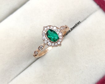 Vintage Emerald Ring, Green Stone Emerald Victoria Ring, Oval Shape Ring, Anniversary Ring for Women, Proposal Silver Ring, Gift For Her