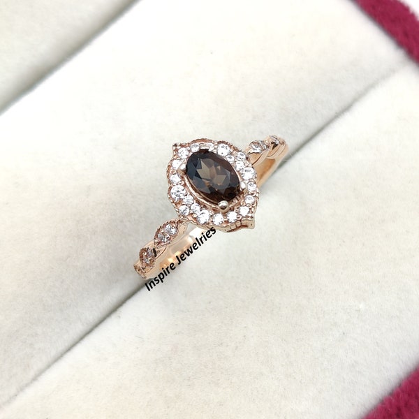 Vintage oval cut smoky quartz ring, Victoria brown quartz engagement ring, Dainty Ring, healing quartz ring, Anniversary gift for her