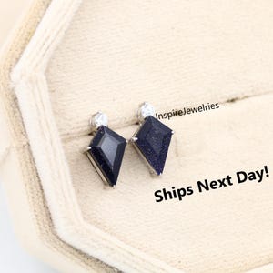 Galaxy Sandstone Earrings, Unique Kite Shaped Blue Sandstone Earrings, Sterling Silver Earrings Studs for men and women, Gift for Her
