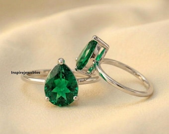 Pear Cut Emerald Solitaire Ring: 14k Gold Minimalist Promise Ring