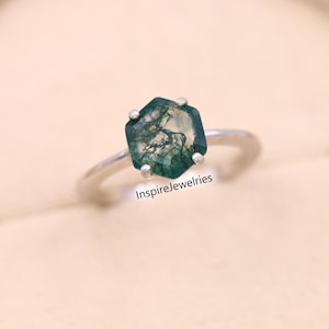Moss Agate Ring: Hexagon Sterling Silver, Gold Accent, Stacking Ring