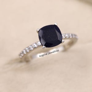 Cushion Cut Blue Sandstone Ring, Delicate Goldstone Ring, Galaxy Ring, Outer Space Ring, Anniversary Nebula Ring, Bridal Ring, Promise Ring