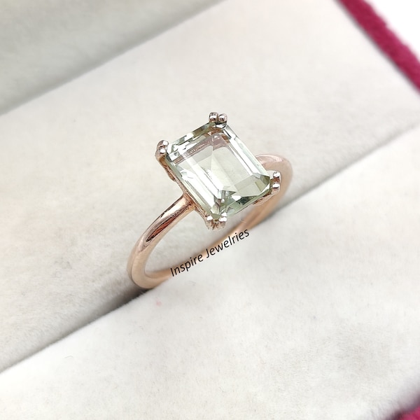 Minimalist Natural Green Amethyst Ring, Promise Ring, Dainty Amethyst Emerald Cut Ring, 14K Rose Gold Ring, Anniversary Ring for Womens