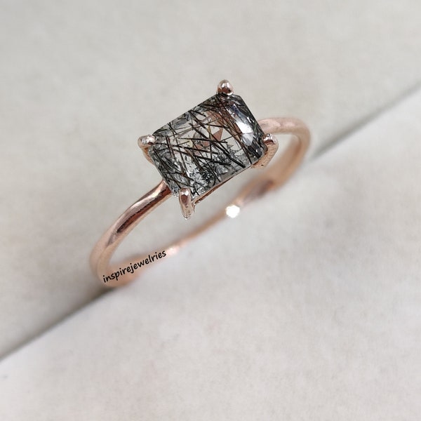 Natural Black Rutilated Quartz Emerald Cut Ring , Minimalist Salt And Pepper Diamond Ring , Solitaire Black Quartz Ring , Anniversary Gift