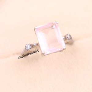 Emerald Cut Rose Quartz Ring, Engagement Ring, 9X11 Big Stone Rose Quartz Ring, Promise Ring, Art Deco Quartz Ring, Anniversary Gift For Her