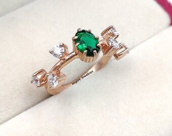 Art Deco Emerald Dainty Ring, Emerald Engagement Oval Cut Ring, Promise Ring for her, Anniversary Solid 14k Gold ring, Unique Cluster Ring
