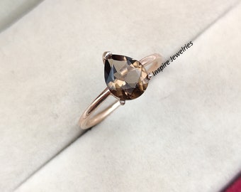 Tear Drop smoky quartz Minimalist ring, Dainty Brown quartz ring, wedding ring for women, healing quartz ring, Anniversary gift for her