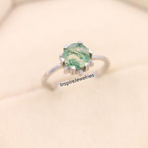 Moss agate ring, Moss agate engagement ring sterling silver, Moss agate promise ring, Round green moss agate ring, Anniversary gift for her