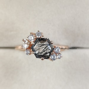 Hexagon Cut Natural Black Rutilated Quartz Engagement Ring, Salt And Pepper Diamond Ring, Multi Stone Black Quartz Ring, Anniversary Gift