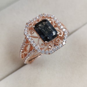Natural Black Rutilated Quartz Engagement Ring, Salt and Pepper Diamond Emerald Cut Ring, Art Deco Quartz Ring, Anniversary Gift For Women