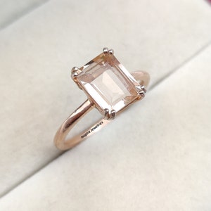Peach Morganite Emerald Cut Solitaire Ring, Minimalist Morganite Engagement Ring, Promise Ring, Proposal Ring, Anniversary Gift for her