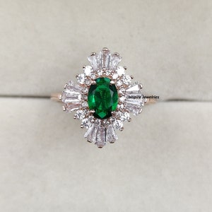 Vintage Inspired Emerald Engagement Ring: Art Deco Gold Promise Ring