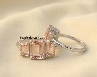 Emerald Cut Peach Morganite Ring: Art Deco Sterling Silver Anniversary Ring