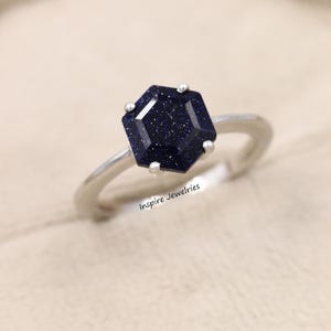 Hexagon Cut Blue Sandstone Ring, Minimalist Sandstone Ring, Goldstone Solitaire Ring, Galaxy Ring, Outer Space Ring, Nebula Promise Ring