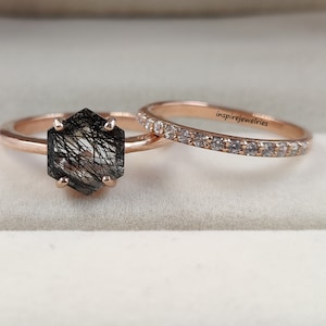 Natural Black Rutilated Quartz Hexagon Cut Engagement Ring Set , Salt And Pepper Diamond Ring With Band, Black Quartz Ring, Anniversary Ring