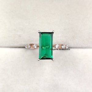 14k Dainty Baguette Emerald Ring, Solid Gold Solitaire Ring, Birthstone Baguette Ring, Green Gemstone Ring, Tiny Emerald Ring, Stacking Ring