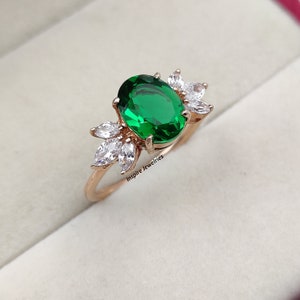 Emerald Gold Ring, Gold Vermeil Lab Emerald Engagement Ring, Statement Ring, Birthday gift for her, Marquise CZ Diamond Ring, Cluster Ring