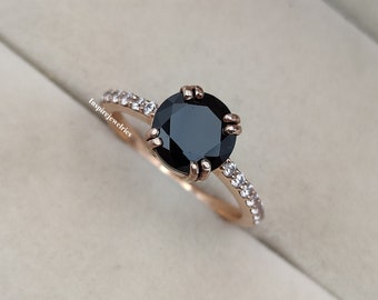 Natural Black Onyx Round Cut Engagement Ring, Black Onyx Wedding Ring, Promise Ring For Her, Black Diamond Ring, Anniversary Gift For Women