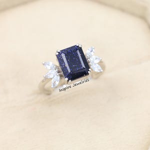 Blue Sandstone Emerald Cut Engagement Ring, Blue Goldstone Engagement Ring, Galaxy Ring, Outer Space Ring, Nebula Ring, Promise Ring for her