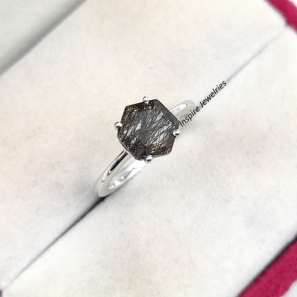 Hexagon Shaped Natural Black Rutilated Quartz Ring, Salt and Pepper Diamond Solitaire Ring, Black Quartz Promise Ring , Anniversary Gift