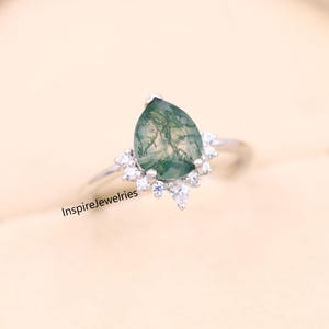 Natural Moss Agate Ring-Pear Shaped-Gold Ring-Silver Ring-Delicate Ring-Stacking Ring-Promise-Anniversary Ring for Women-Christmas Gift-IJ