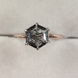 Hexagon Cut Natural Black Rutilated Quartz Ring , Solitaire  Salt And Pepper Diamond Ring, Black Quartz Ring, Anniversary Ring, Gift For Her