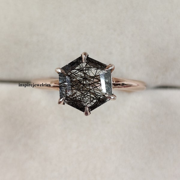 Hexagon Cut Natural Black Rutilated Quartz Ring , Solitaire  Salt And Pepper Diamond Ring, Black Quartz Ring, Anniversary Ring, Gift For Her