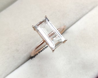 Rock Crystal Quartz Baguette cut Ring, Healing Clear Crystal Ring, Solitaire Crystal Ring, Unique Promise Ring, Anniversary Gift for her