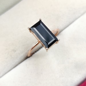 Natural Black Onyx Minimalist Baguette Ring, Dainty Long Rectangle Black Onyx Engagement Ring, Black Diamond Wedding Ring, Gift for Her