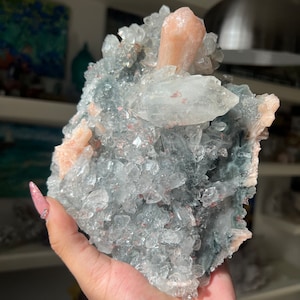 Super Grade (Double Sided) Clear DT Apophyllite with Red Heulandite & Peach Stilbite on Blue Chalcedony specimen ~ Collectors ~ Rainbows
