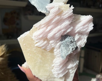 Dreamy XL Dogtooth Calcite with UV reactive pink pagoda calcite w/blue druzy chalcedony piece on top  ~ Collectors Display Piece