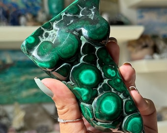 Stunning Polished Malachite Free Form, Natural Untreated Green Malachite Gemstone, Polished Malachite Display Specimen - Congo