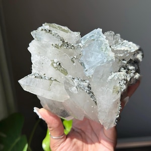 Stunning Blue Cubic Fluorite on Quartz Cluster with Druzy Green Chlorite & Phantoms | Huanggangliang, Inner Mongolia | Custom Stand