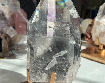 XXL RARE (5lb) 2.27kg AAA+ Black Tourmaline Phantom Lemurian Quartz Point, Manifestation crystals, Record Keeper Elestial Bottom, Gold Stand