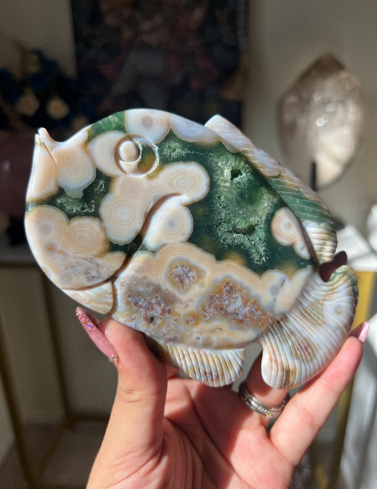 Adorable 8th Vein Orbicular Ocean Jasper Fish Carving With Green
