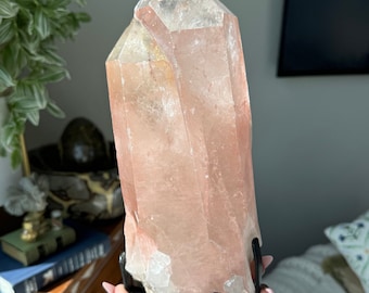 XXL (4kg) Pink Twin Lemurian Quartz Crystal on stand, Beautiful Formation & Garden Quartz inclusion, Collectors Piece, Minas Gerais, Brazil