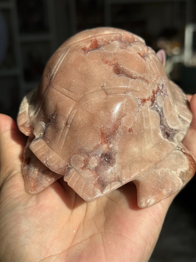 May include: A carved pink and red agate turtle figurine. The turtle has a detailed shell with a natural agate pattern.
