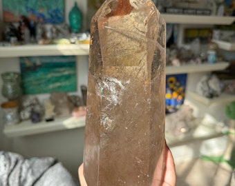 Exquisite (3.34kg) 10in XL Phantom Smoky Quartz Tower with Golden Rutile,  Black tourmaline, and Hematoid inclusions ~ Rainbows ~ Brazil