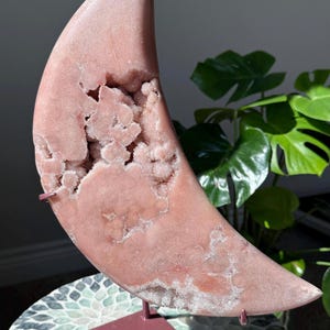 XL Druzy Pink Amethyst Moon on custom Lavender Stand | Shimmering High Quality | Brazil Pink Amethyst | Moon Carving