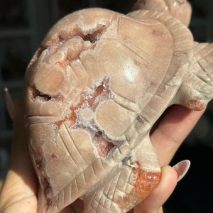 May include: A carved pink and red agate turtle figurine with a detailed shell and legs. The agate has a natural crystal formation with white and clear inclusions.